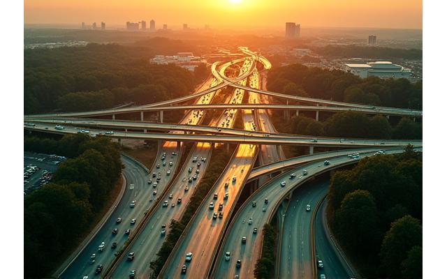 Overhead view of busy Atlanta highway intersections at rush hour, representing traffic stress