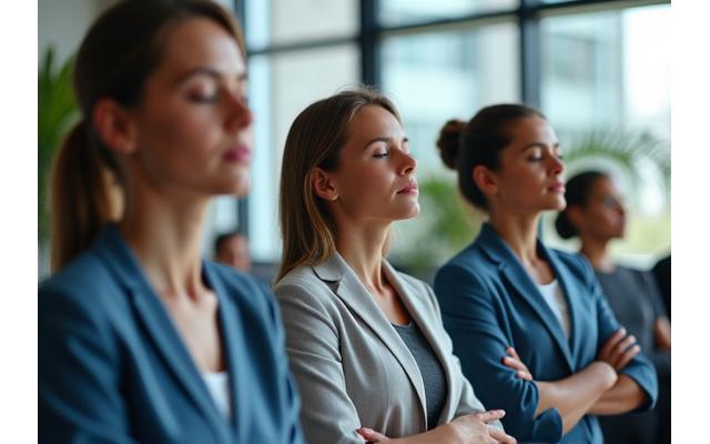 A diverse group of professionals in an modern Atlanta office engaging in a guided mindfulness break